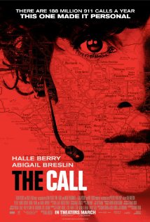 Poster for The Call: close-up of a woman's face wearing a headset, on red