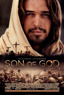 Poster for Son of God: Jesus in a hooded robe above crosses and a battle scene