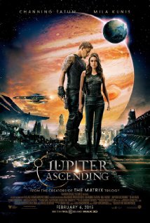 Poster for Jupiter Ascending: Channing Tatum and Mila Kunis before a giant gas planet
