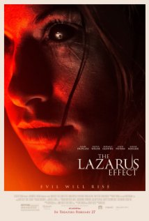 Poster for The Lazarus Effect: a woman's face in red shadow, 'Evil will rise'