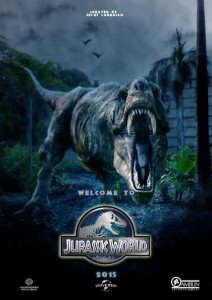 Fan-made Jurassic World poster: a roaring T. rex charges out of the jungle at night