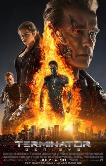Poster for Terminator Genisys: the T-800 with exposed endoskeleton above a burning skyline