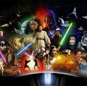 Collage of Star Wars characters with lightsabers glowing around a central figure