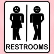 Restroom sign with two worried stick figures crossing their legs