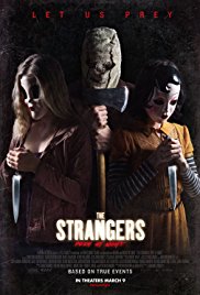 Poster for The Strangers: Prey at Night: three masked killers holding knives and an axe