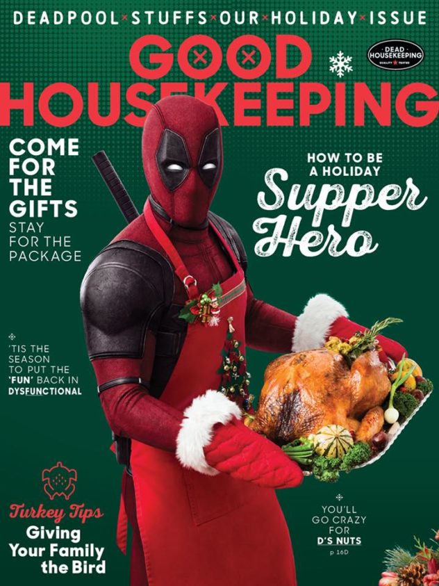 Deadpool on a spoof Good Housekeeping holiday cover, wearing an apron and holding a roast turkey