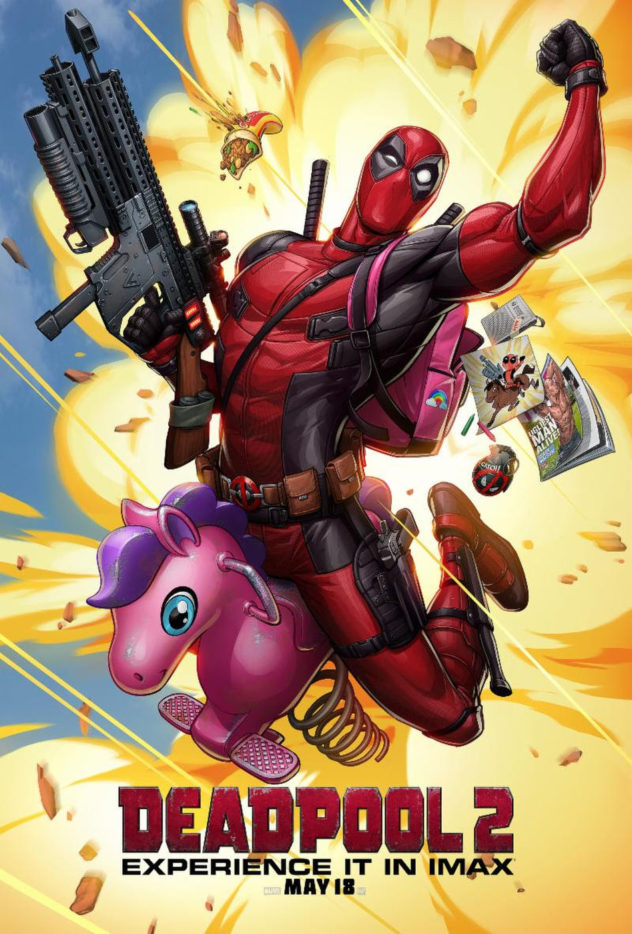 Deadpool 2 IMAX poster: Deadpool rides a pink toy unicorn while firing a gun