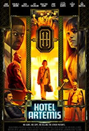 Poster for Hotel Artemis: the cast framed around the hotel's art deco crest