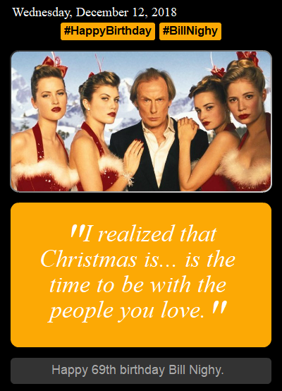RunPee birthday card for Bill Nighy with a Love Actually still and his 'Christmas is the time' quote
