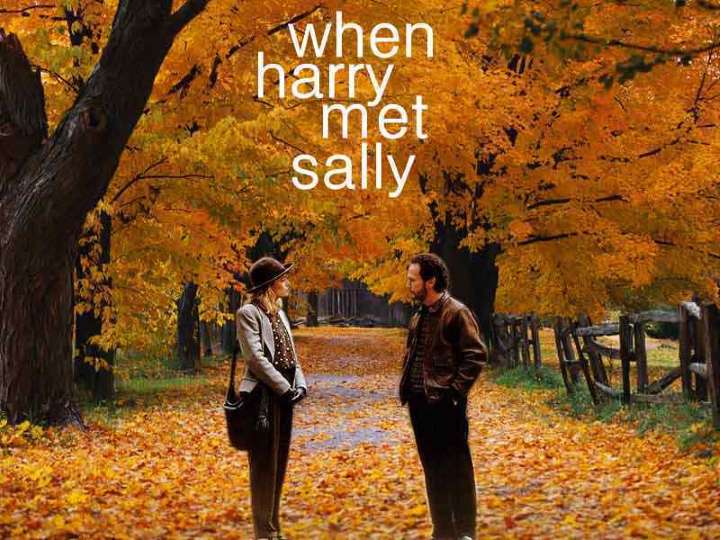 Poster for When Harry Met Sally: the couple talk on an autumn path covered in orange leaves