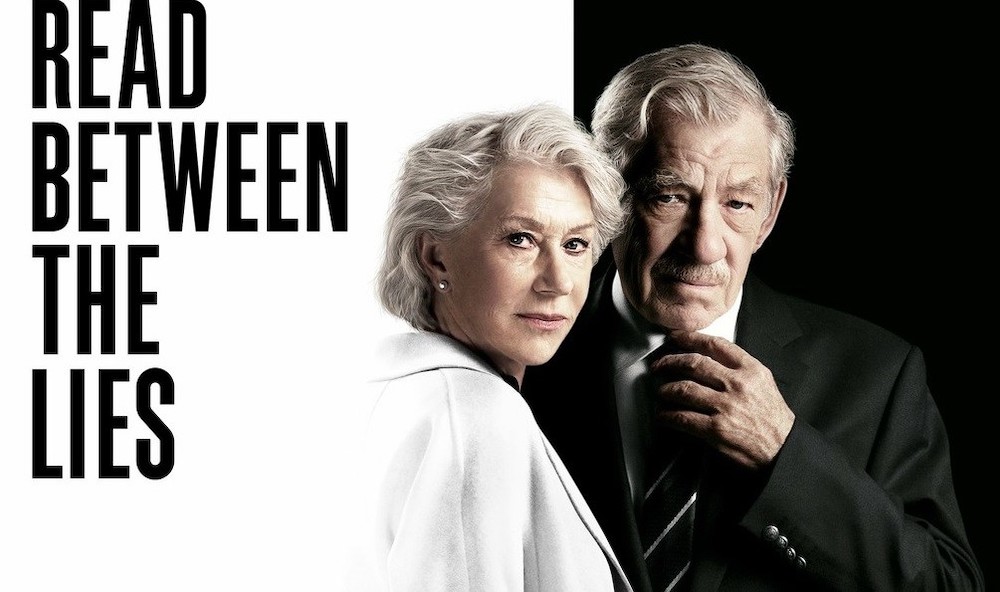Promo art for The Good Liar: Helen Mirren and Ian McKellen beside the tagline 'Read between the lies'