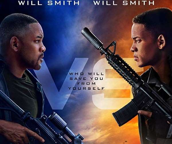 Poster for Gemini Man: Will Smith faces off against his younger clone, both holding rifles, "Who will save you from yourself"