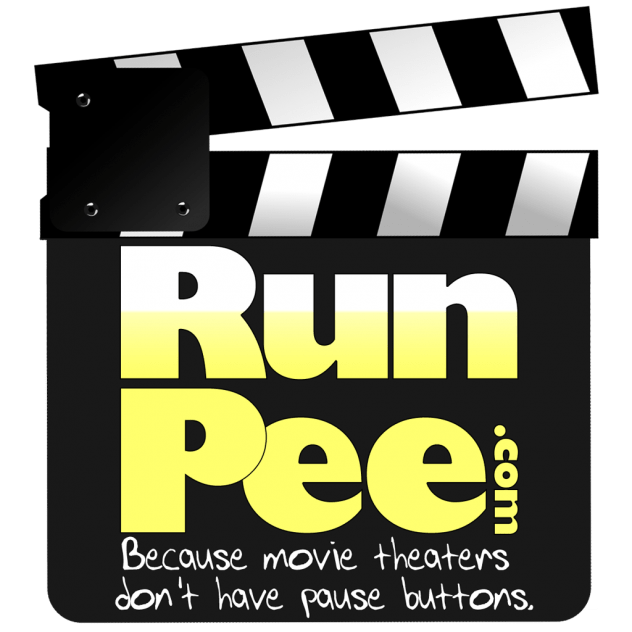 RunPee clapper logo with tagline, transparent background
