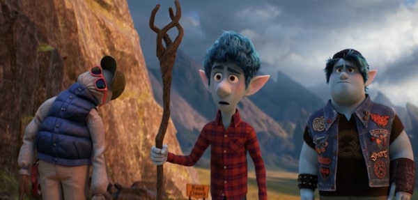 Still from Onward: elf brothers Ian and Barley stand beside their dad's walking legs