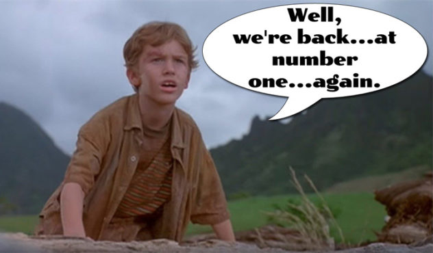 Jurassic Park meme: Tim peers over a wall with a speech bubble saying we're back at number one again