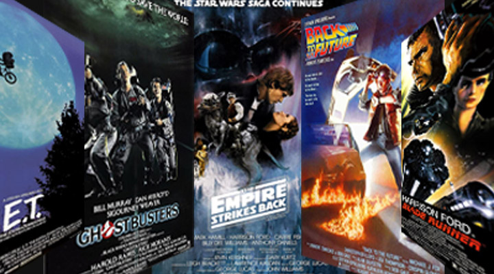 Montage of classic movie posters: E.T., Ghostbusters, The Empire Strikes Back, Back to the Future and Blade Runner