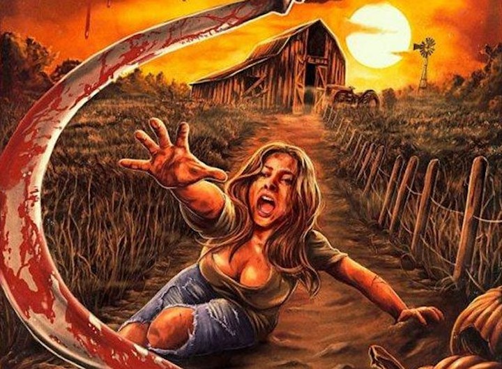 Artwork for Return To Splatter Farm: a screaming woman crawls from a bloody sickle near a barn