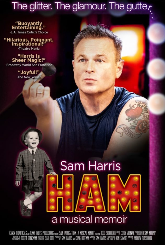 Poster for HAM: A Musical Memoir: Sam Harris with a microphone beside his childhood photo