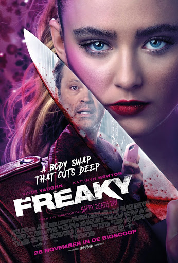 Poster for Freaky: Kathryn Newton's face and Vince Vaughn's reflected in a bloody knife, "A body swap that cuts deep"