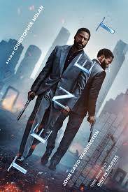 Poster for Tenet: two men in suits walk forward with guns, a city skyline inverted behind them
