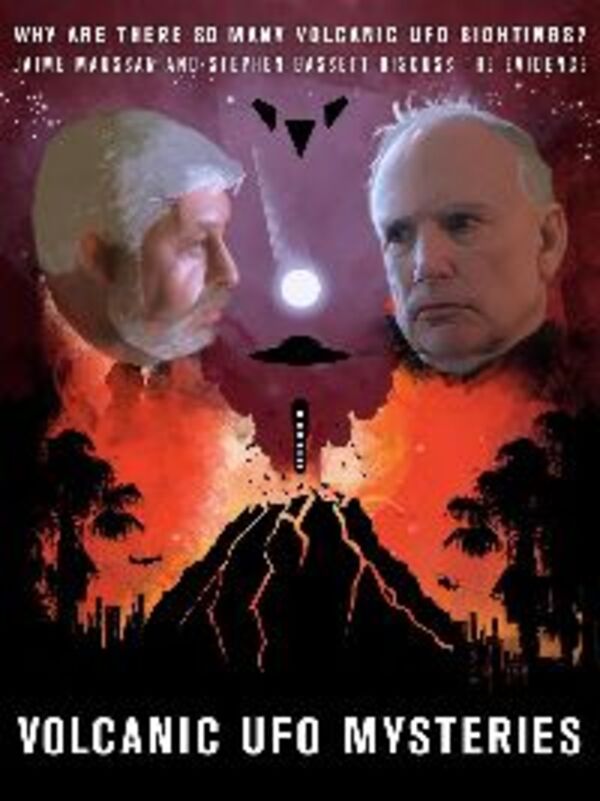 Poster for Volcanic UFO Mysteries: two men's faces above an erupting volcano and UFO shapes