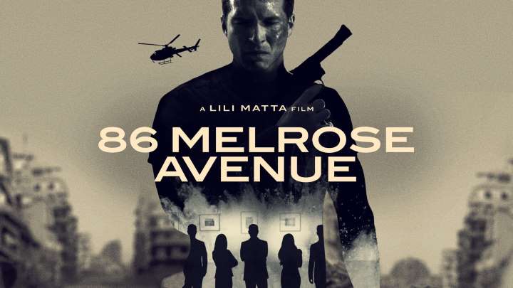Title art for 86 Melrose Avenue: a man with a gun above silhouetted hostages and a helicopter