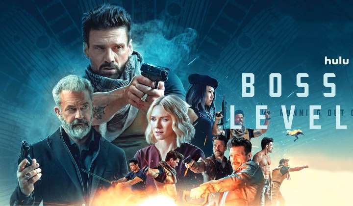 Poster for Boss Level: the armed hero surrounded by the film's cast of assassins