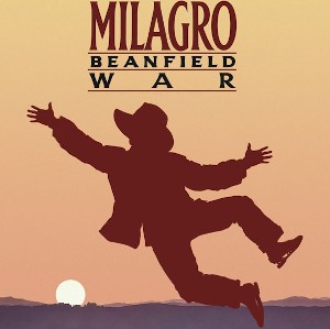 Poster for The Milagro Beanfield War: a silhouetted man leaps against a desert sunset