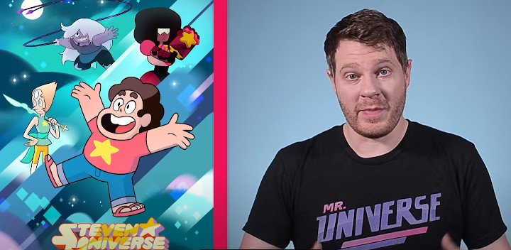 Pop Culture Detective host Jonathan beside Steven Universe artwork in a frame from his YouTube channel