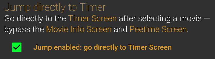 RunPee app preference 'Jump directly to Timer', checked to skip the Movie Info and Peetime screens