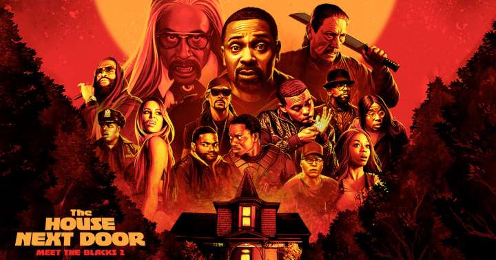 Poster art for The House Next Door: Meet the Blacks 2, the cast in red tones above a house