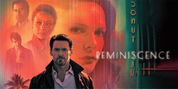 Banner for Reminiscence: Hugh Jackman's character before hazy, neon-lit faces of the cast