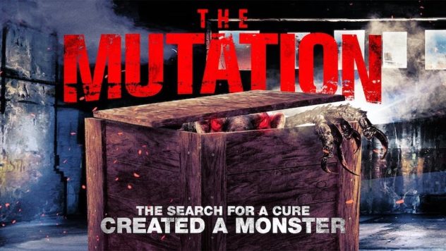 Poster for The Mutation: a clawed creature reaching from a wooden crate, 'The search for a cure created a monster'