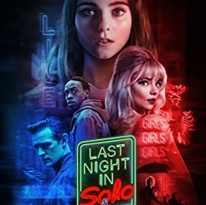 Poster for Last Night in Soho: the cast lit in red and blue neon