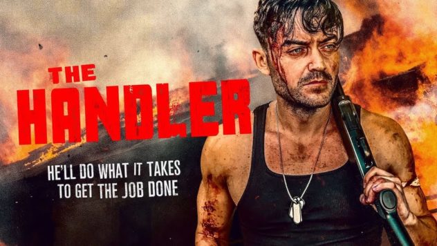 Title art for The Handler: a bloodied man in a tank top carries a shotgun against flames
