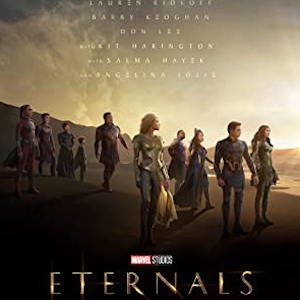 Poster for Eternals: the heroes walk in a line across a desert at dusk