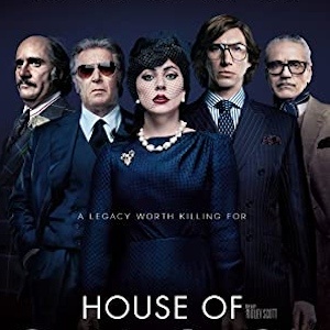 Poster for House of Gucci: the Gucci family lined up in dark suits, 'A legacy worth killing for'