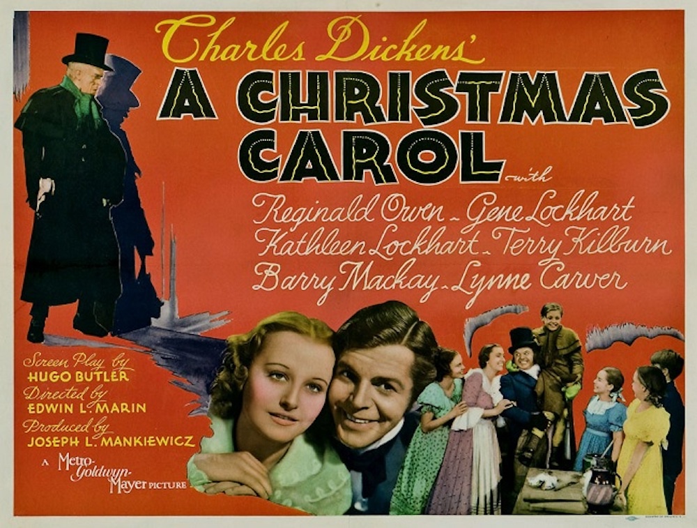 Lobby card for A Christmas Carol (1938): Scrooge in a top hat beside the Cratchit family and cast names