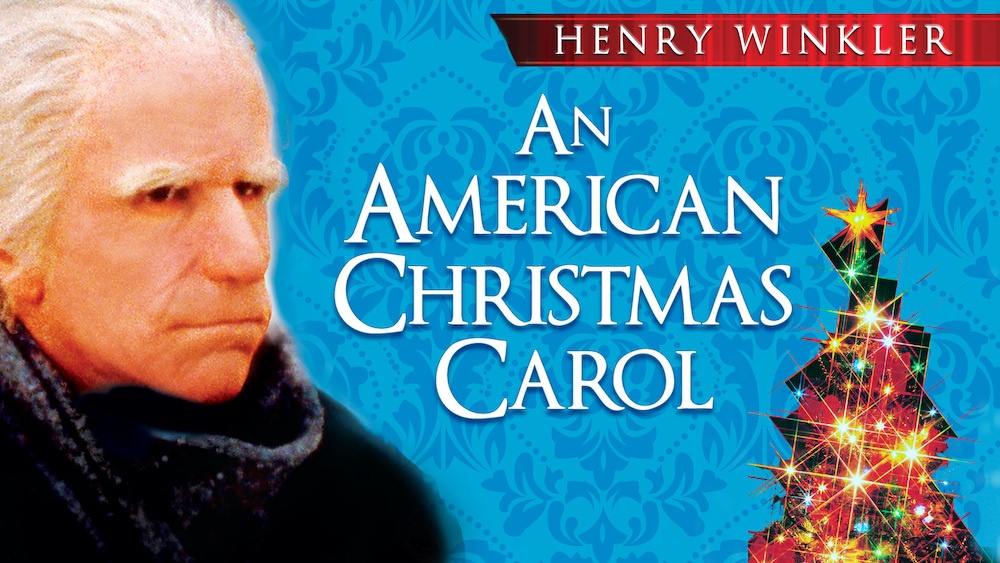 An American Christmas Carol title art: Henry Winkler as an elderly scowling miser beside a Christmas tree