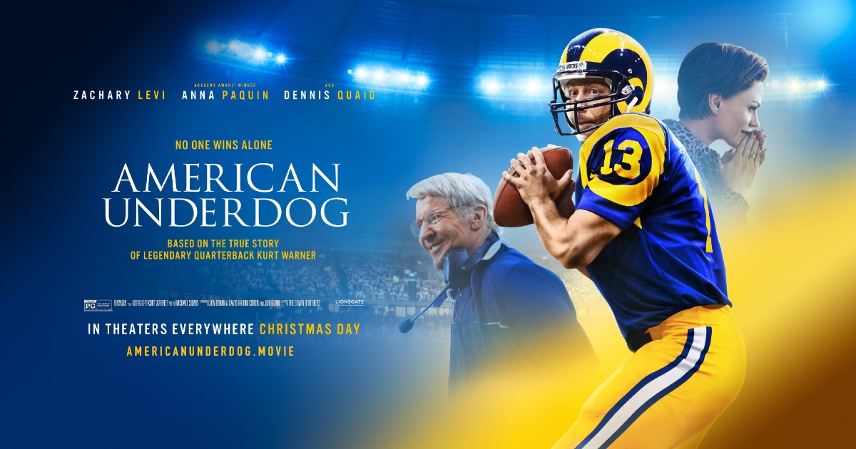 Poster for American Underdog: quarterback Kurt Warner in a Rams uniform