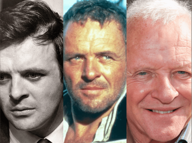 Three portraits of Anthony Hopkins at different ages, from young actor to smiling white-haired veteran