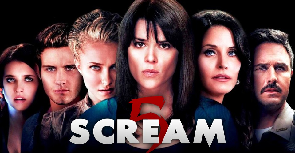 Scream (2022) promo art showing the returning and new cast lined up behind the title