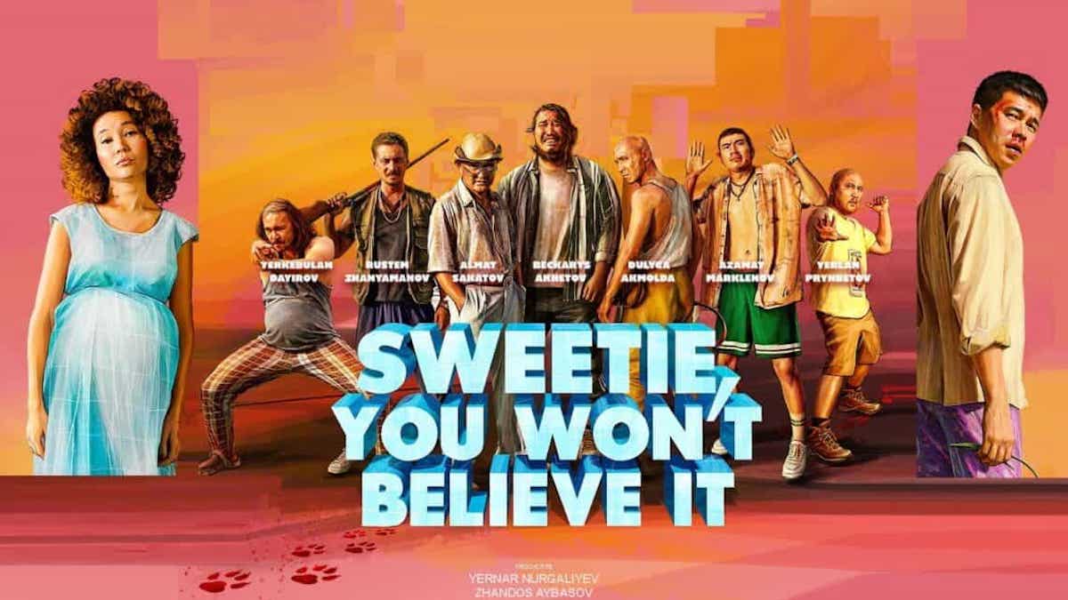 Poster for Sweetie, You Won't Believe It: a pregnant woman, a young man and a gang of armed men