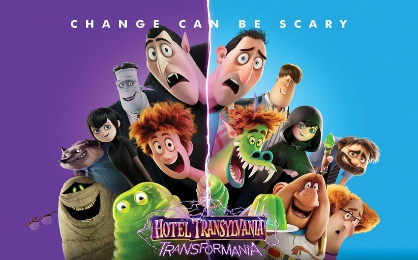 Hotel Transylvania: Transformania banner: the monster cast split into monster and human versions