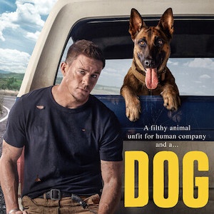 Poster for Dog: a man leans on a pickup truck with a Belgian Malinois resting in the back