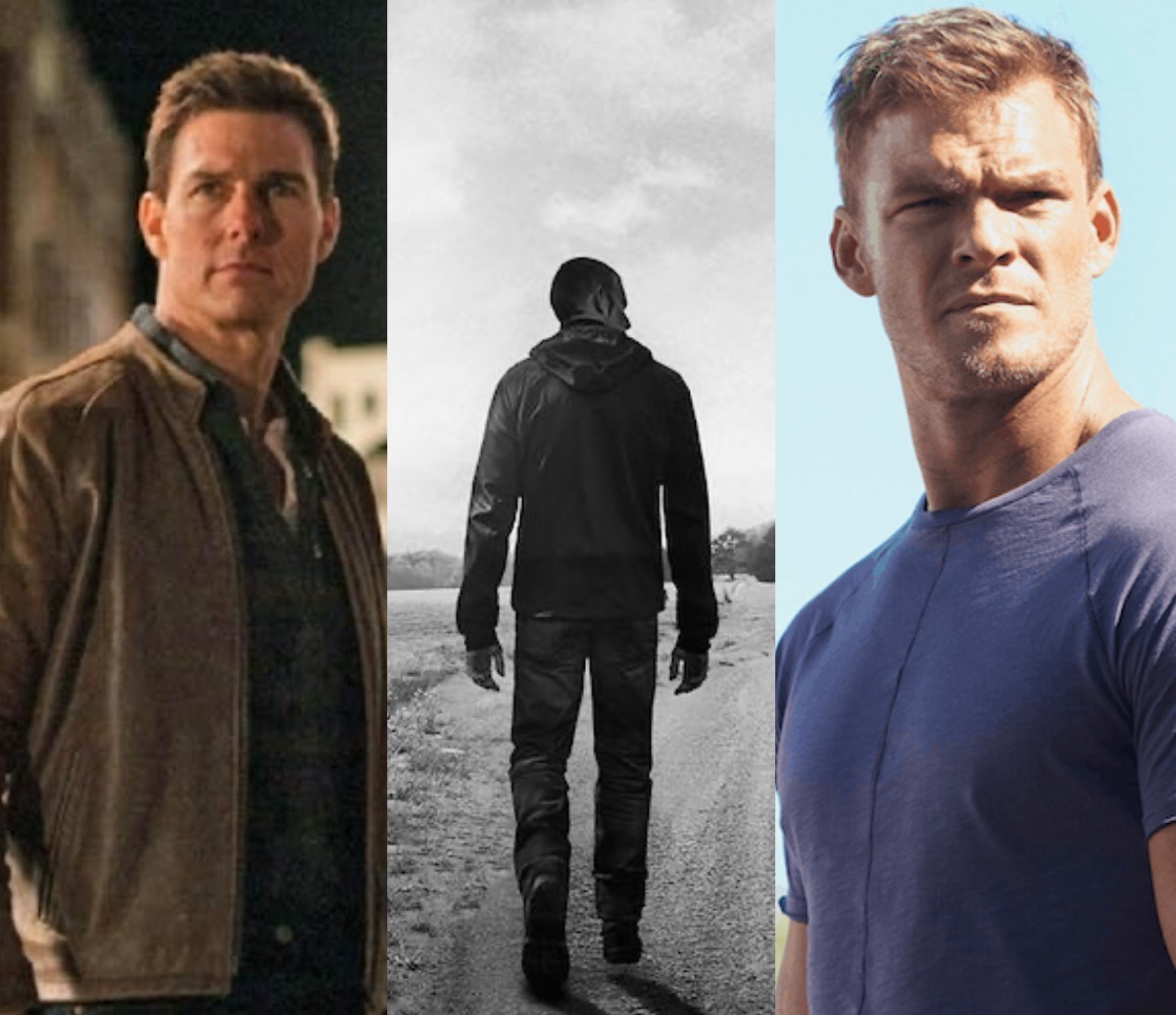 Collage of Jack Reacher versions: the film lead, a book-cover figure walking a road, and the Amazon series lead