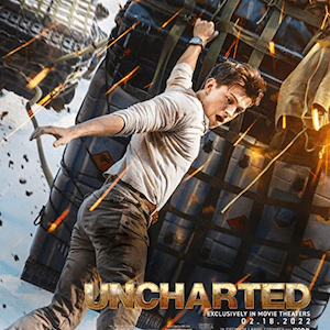 Poster for Uncharted: Tom Holland hangs from cargo crates falling out of a plane