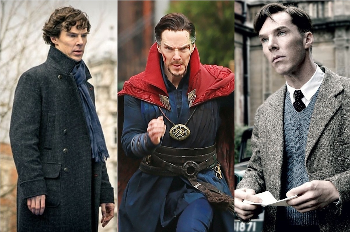 Benedict Cumberbatch in three roles side by side: Sherlock, Doctor Strange, and Alan Turing in The Imitation Game