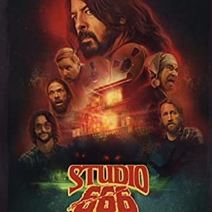 Poster for Studio 666: the Foo Fighters band members' faces around a haunted house and reel-to-reel tape