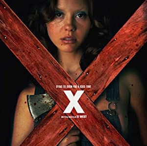 Poster for X: a frightened young woman behind a large red wooden X